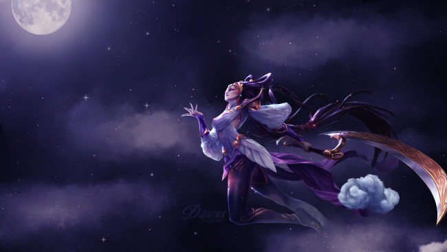 Обои картинки фото видео игры, league of legends, девушка, взгляд, фон, оружие, полет, луна, звезды, diana