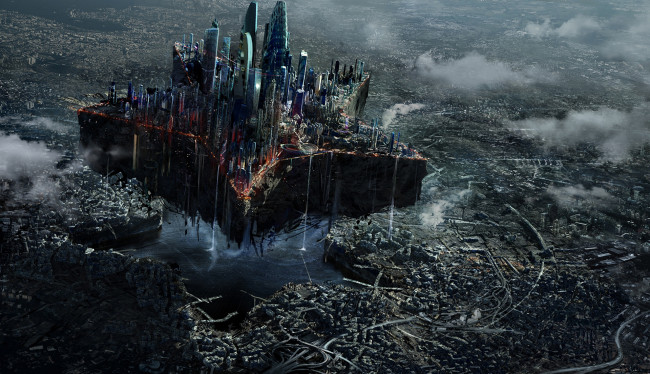 Обои картинки фото фэнтези, иные миры,  иные времена, руины, разрушение, арт, москва, небоскребы, мегаполис, фантастика, звезда, город