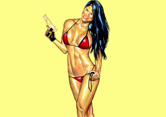 Картинка рисованное люди улыбка купальник взгляд девушка фон пистолет