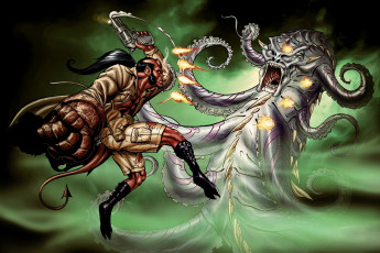 Картинка рисованное комиксы существо мужчина фон пистолет