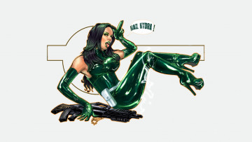 Картинка рисованное комиксы язык девушка фон оружие униформа