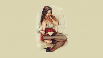 Картинка рисованное люди девушка улыбка чулки взгляд фон