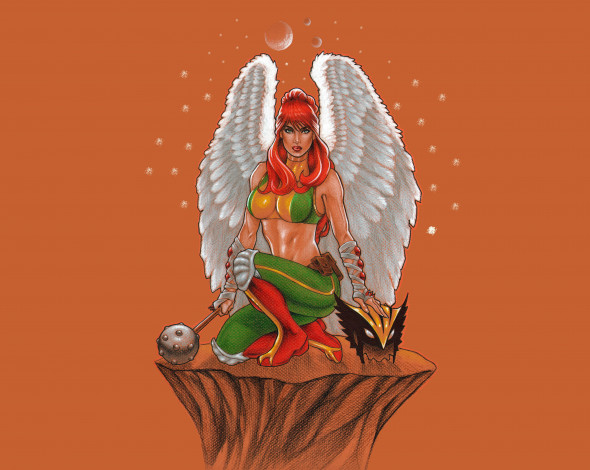 Обои картинки фото рисованное, комиксы, фон, взгляд, булава, крылья, девушка