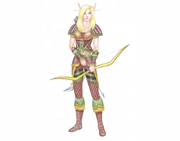 Обои картинки фото рисованное, комиксы, униформа, фон, девушка, лук, эльф, взгляд