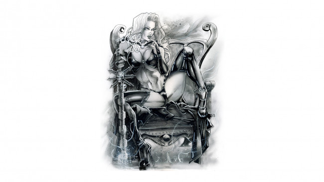 Обои картинки фото рисованное, комиксы, фон, девушка, кресло, взгляд