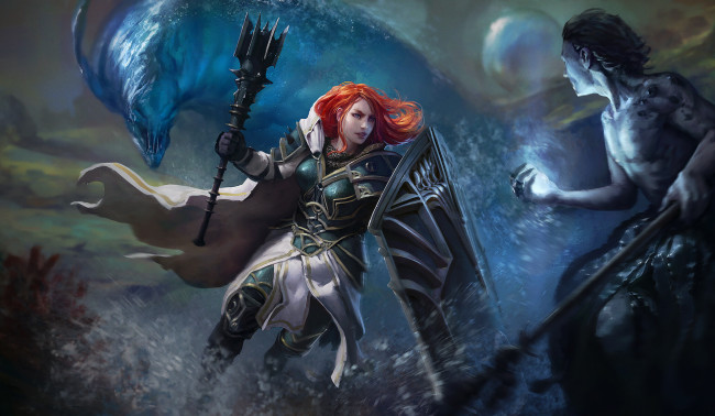 Обои картинки фото фэнтези, красавицы и чудовища, схватка, доспехи, рыцарь, девушка, монстр