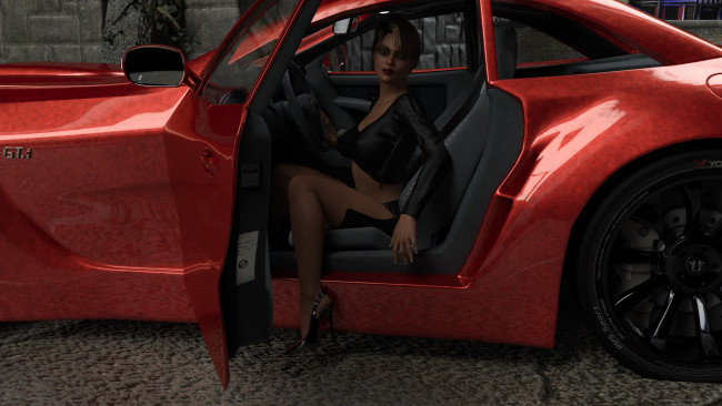 Обои картинки фото 3д графика, люди-авто, мото , people- car ,  moto, взгляд, девушка, автомобиль, фон