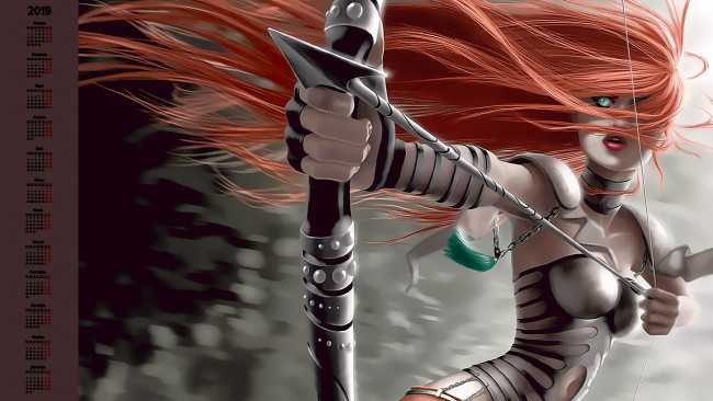 Обои картинки фото календари, фэнтези, стрела, оружие, взгляд, девушка, лук