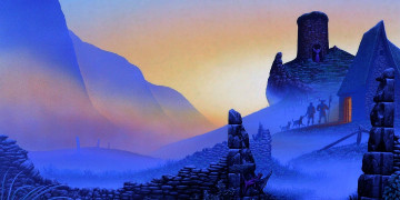 Картинка фэнтези иные+миры +иные+времена горы люди собаки дом забор