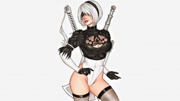 Картинка видео+игры nier +automata девушка фон маска униформа меч