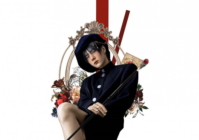 Обои картинки фото рисованное, люди, ван, ибо, цветы, берет, трость