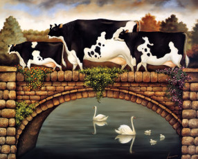Картинка +herrero рисованное живопись коровы мост озеро лебеди