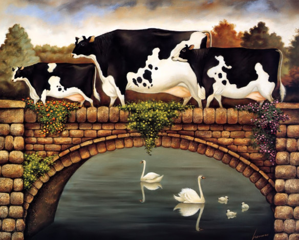 Обои картинки фото  herrero, рисованное, живопись, коровы, мост, озеро, лебеди