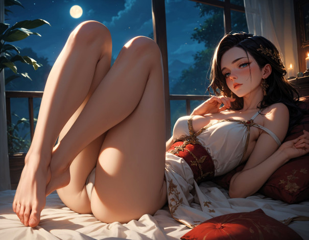 Обои картинки фото рисованное, люди, девушка, платье, постель, окно, луна