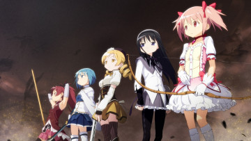 Картинка аниме mahou shoujo madoka magika волшебницы девушки оружие