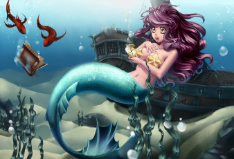 Картинка фэнтези русалки фрегат рыбы книга морское дно