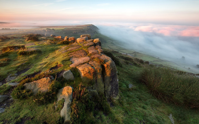 Обои картинки фото утро, туманное, природа, горы, туман, горная, равнина