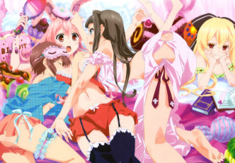 обоя mondai, ji, tachi, аниме, mondaiji, ушки, девушки, подвязки