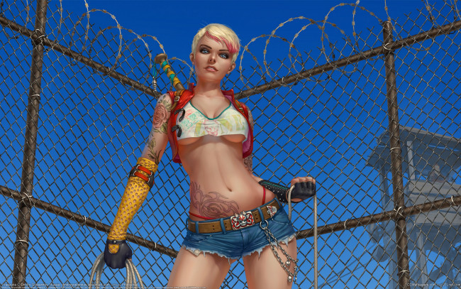 Обои картинки фото dmitry, grebenkov, фэнтези, девушки, вышка, проволока, шорты, тату, забор