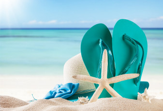 обоя разное, одежда,  обувь,  текстиль,  экипировка, песок, шляпа, каникулы, starfish, seashells, сланцы, море, солнце, vacation, beach, sand, accessories, отдых, пляж, лето, summer