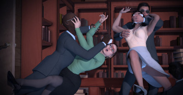 обоя librarian, 3д графика, фантазия , fantasy, девушки, драка, парни, фон, взгляд