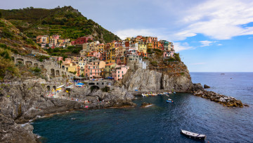 Картинка manarola города амальфийское+и+лигурийское+побережье+ италия море скала городок