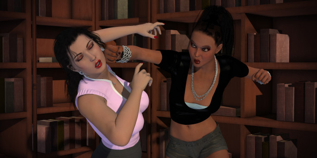 Обои картинки фото librarian, 3д графика, фантазия , fantasy, фон, девушки, взгляд, драка