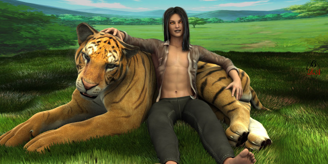 Обои картинки фото 3д графика, люди , people, тигр, взгляд, фон, девушка