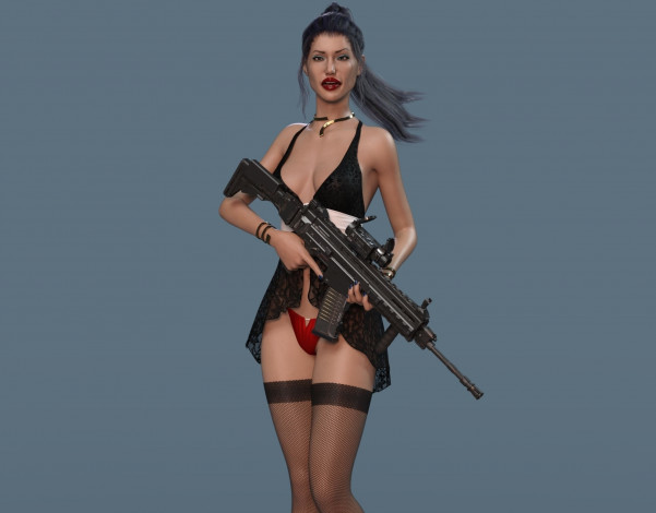 Обои картинки фото 3д графика, люди , people, девушка, взгляд, фон, оружие