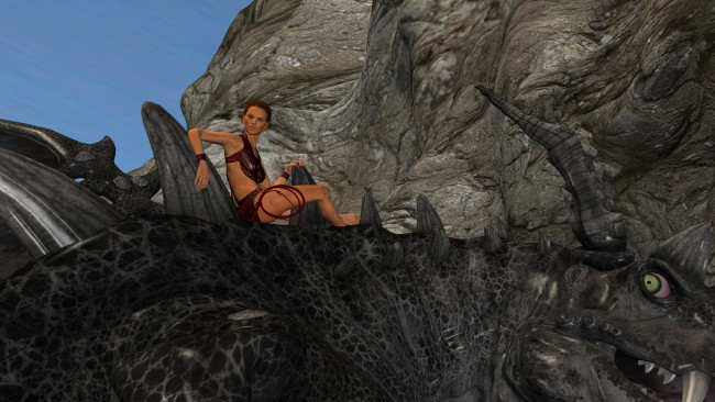 Обои картинки фото 3д графика, фантазия , fantasy, взгляд, девушка, фон, дракон