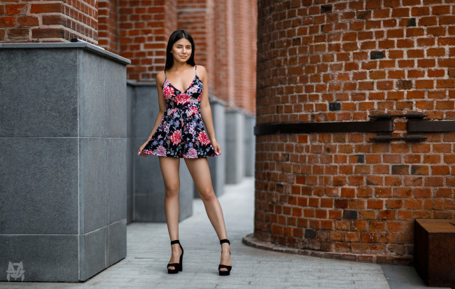 Обои картинки фото девушки, -unsort , брюнетки, темноволосые, wallhaven, мини-сарафан, кирпич, высокие, каблуки, портрет, платье, михаил, герасимов