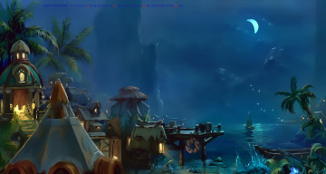 Картинка календари фэнтези водоем 2019 растение постройка пальма строение луна ночь calendar