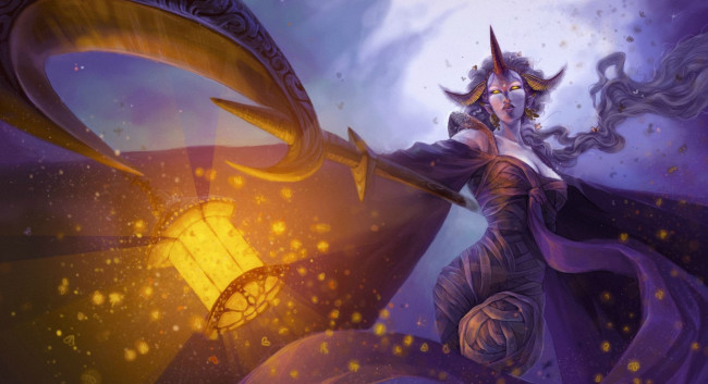 Обои картинки фото видео игры, league of legends, рукава, девушка, посох, сорака, рог, фонарь