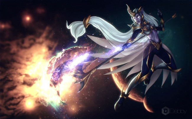 Обои картинки фото видео игры, league of legends, крылья, рог, посох, сорака, девушка