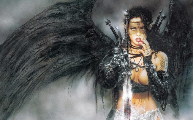 Обои картинки фото фэнтези, _luis royo, девушка, ангел, оружие, тату