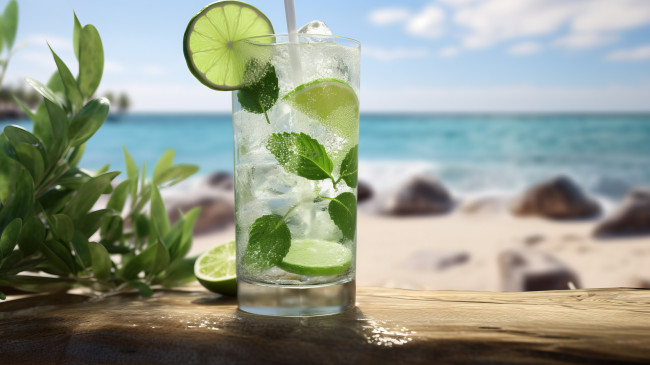 Обои картинки фото еда, напитки,  коктейль, мята, лайм, коктейль, лед, мохито