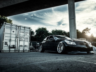 обоя infiniti g, автомобили, infiniti, черный, мост, контейнер