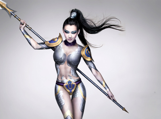 Обои картинки фото grand warriors, видео игры, девушка, копье, чешуя, наплечники