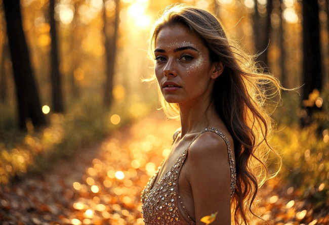 Обои картинки фото 3д графика, люди , people, осень, деревья, лес, листья, девушка, платье