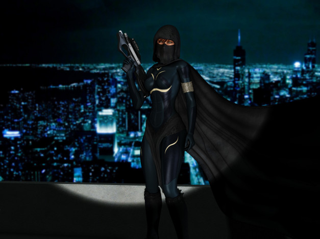 Обои картинки фото 3д графика, фантазия , fantasy, оружие, супермен, фон, взгляд, девушка