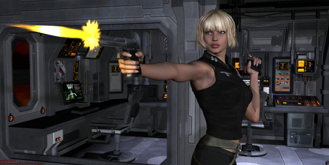 Обои картинки фото 3д графика, фантазия , fantasy, девушка, взгляд, фон, оружие