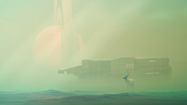 Обои картинки фото фэнтези, иные миры,  иные времена, олень, планета, туман, поверхность, фантастика, кольцо