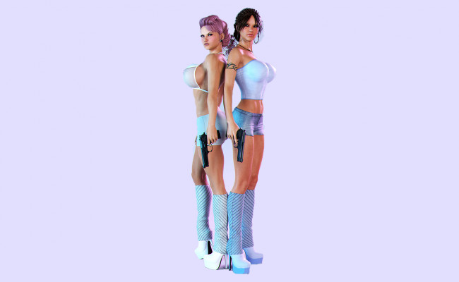 Обои картинки фото 3д графика, фантазия , fantasy, девушки, фон, взгляд, пистолет