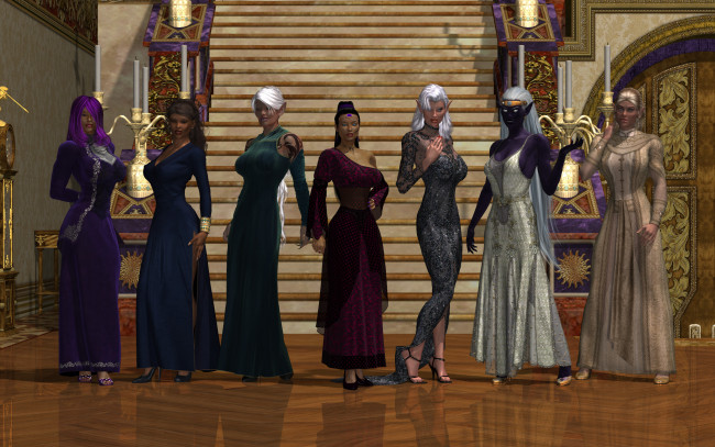 Обои картинки фото 3д графика, фантазия , fantasy, девушки, взгляд, фон, эльфийки, лестница