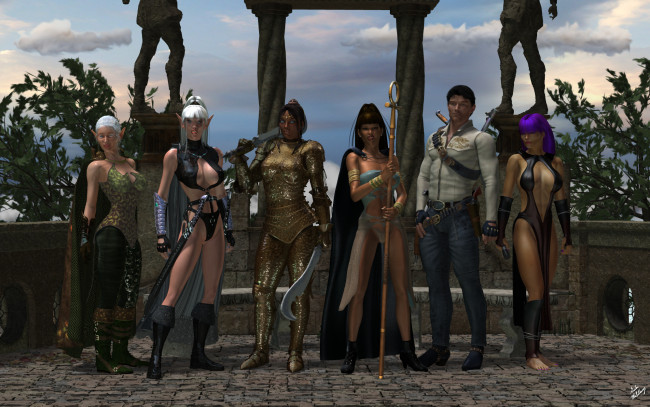 Обои картинки фото 3д графика, фантазия , fantasy, эльфийки, оружие, фон, взгляд, девушки