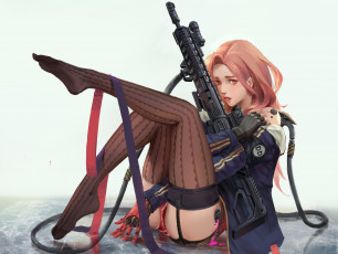 Картинка аниме оружие +техника +технологии эротика взгляд девушка поза фон чулки арт ножки