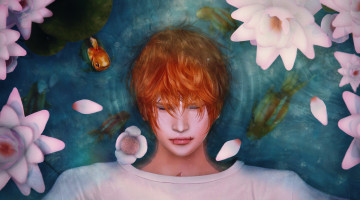 Картинка рисованное люди лилии цветы вода парень