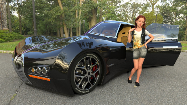 Обои картинки фото 3д графика, люди-авто, мото , people- car ,  moto, взгляд, фон, девушка, автомобиль