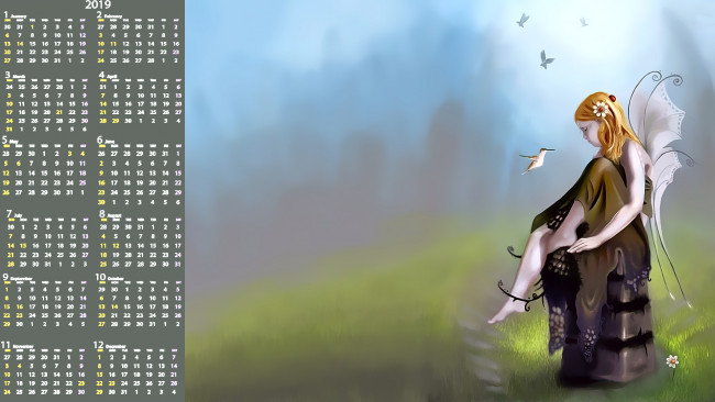 Обои картинки фото календари, фэнтези, крылья, девочка, птица