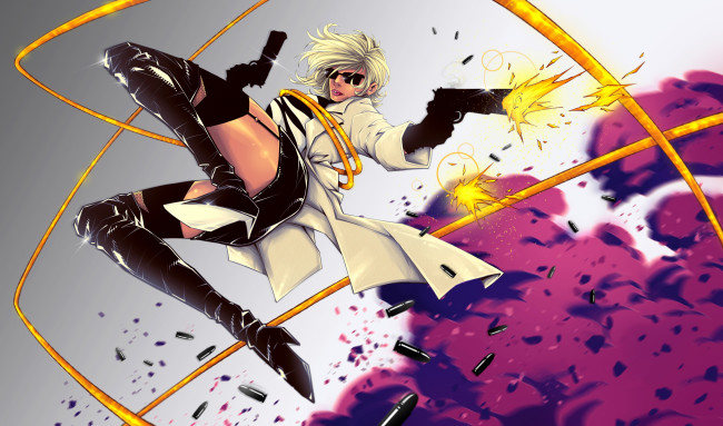 Обои картинки фото рисованное, кино, плащ, пистолет, девушка, фон, очки